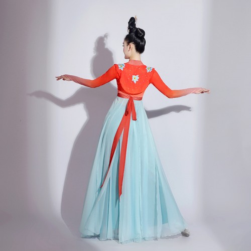 Women Girls Orange Blue Hanfu Ancient Chinese folk Classical Dance Costumes ethereal peach and plum cup on the play traditional dane clothes art test set